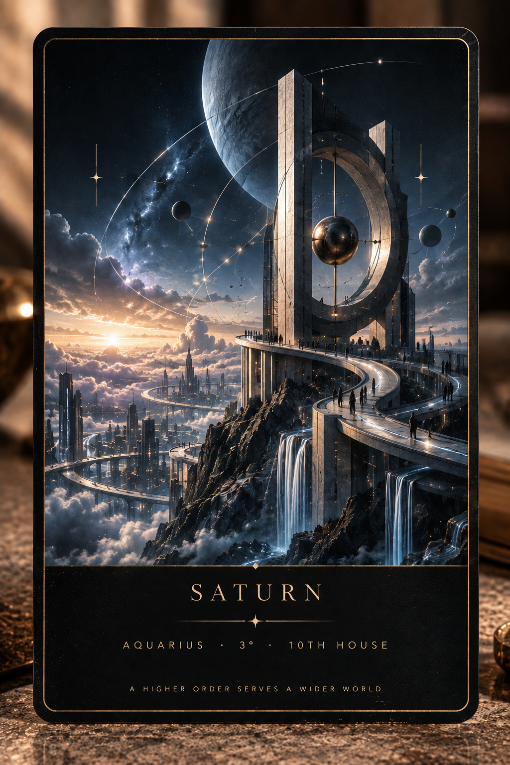 Custom Sixteen Crowns astrology deck — Saturn card featuring celestial and architectural imagery with gold typography