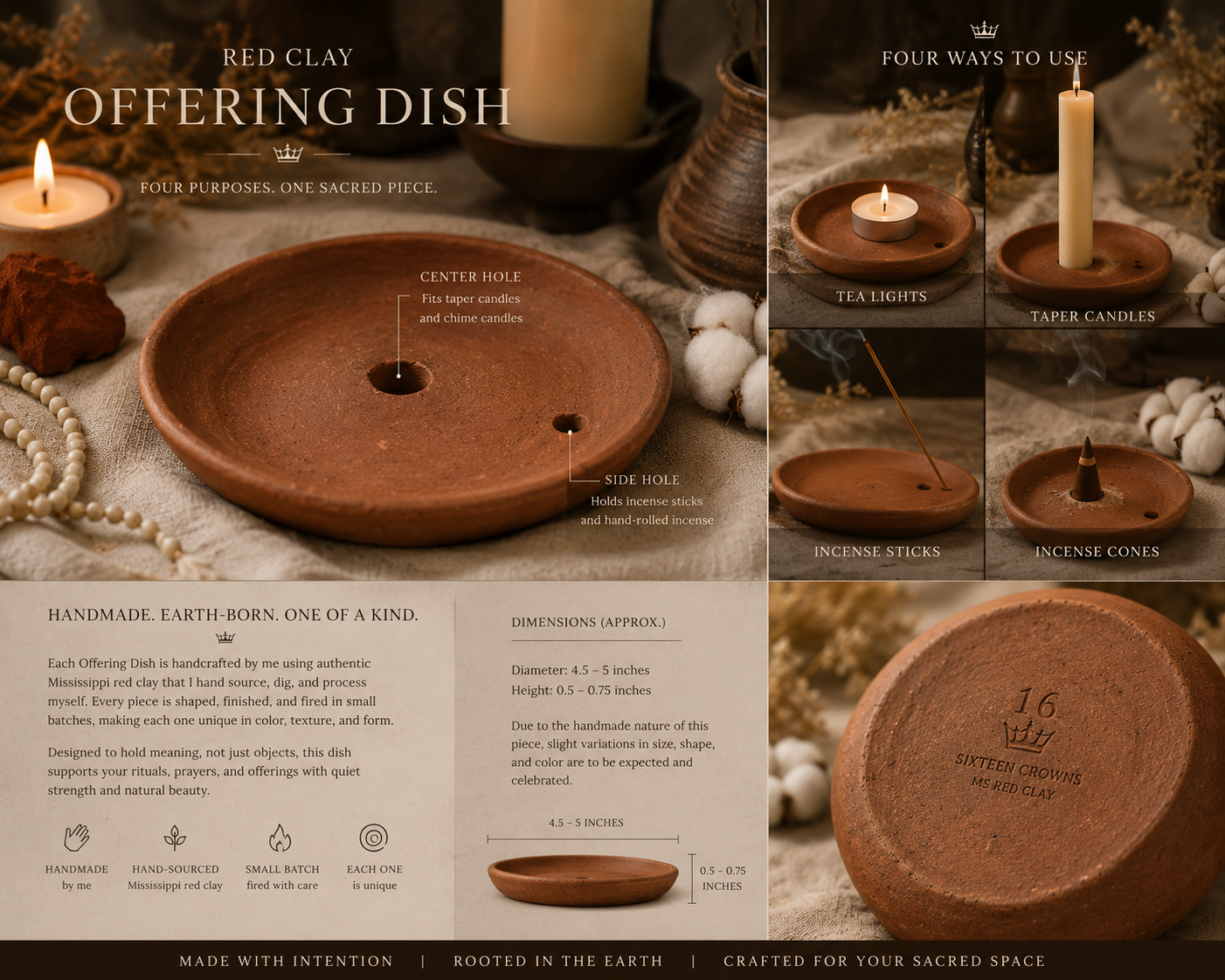 Red Clay Offering Dish by Sixteen Crowns — product presentation showing four uses: tea lights, taper candles, incense sticks, and incense cones, with dimensions and handmade details