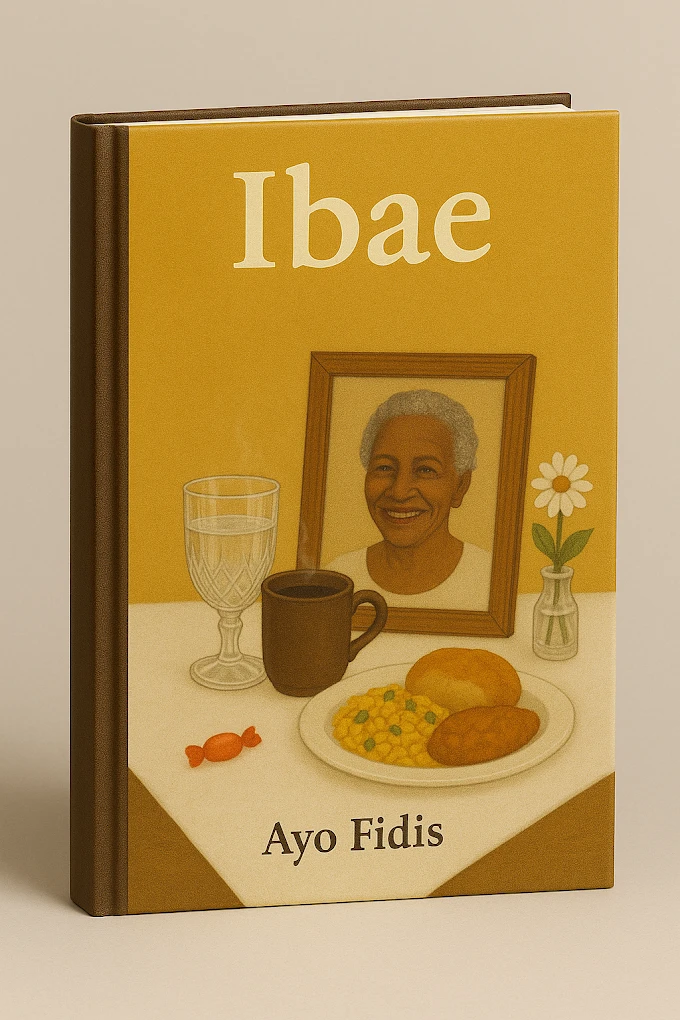Ibae by Ayo Fidis — hardcover book with golden yellow cover featuring a framed portrait, a table set with food, a glass, coffee mug, and daisy